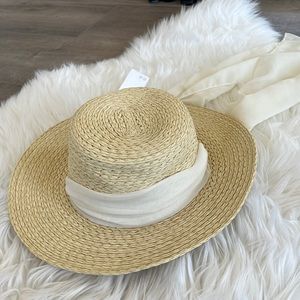 H&M straw boater spring hat with white ribbon tie small